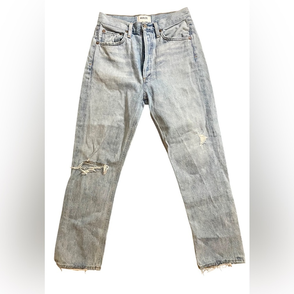 AGOLDE Jeans Women’s 25 Riley High Rise Straight Leg Crop? Denim Blue Distressed